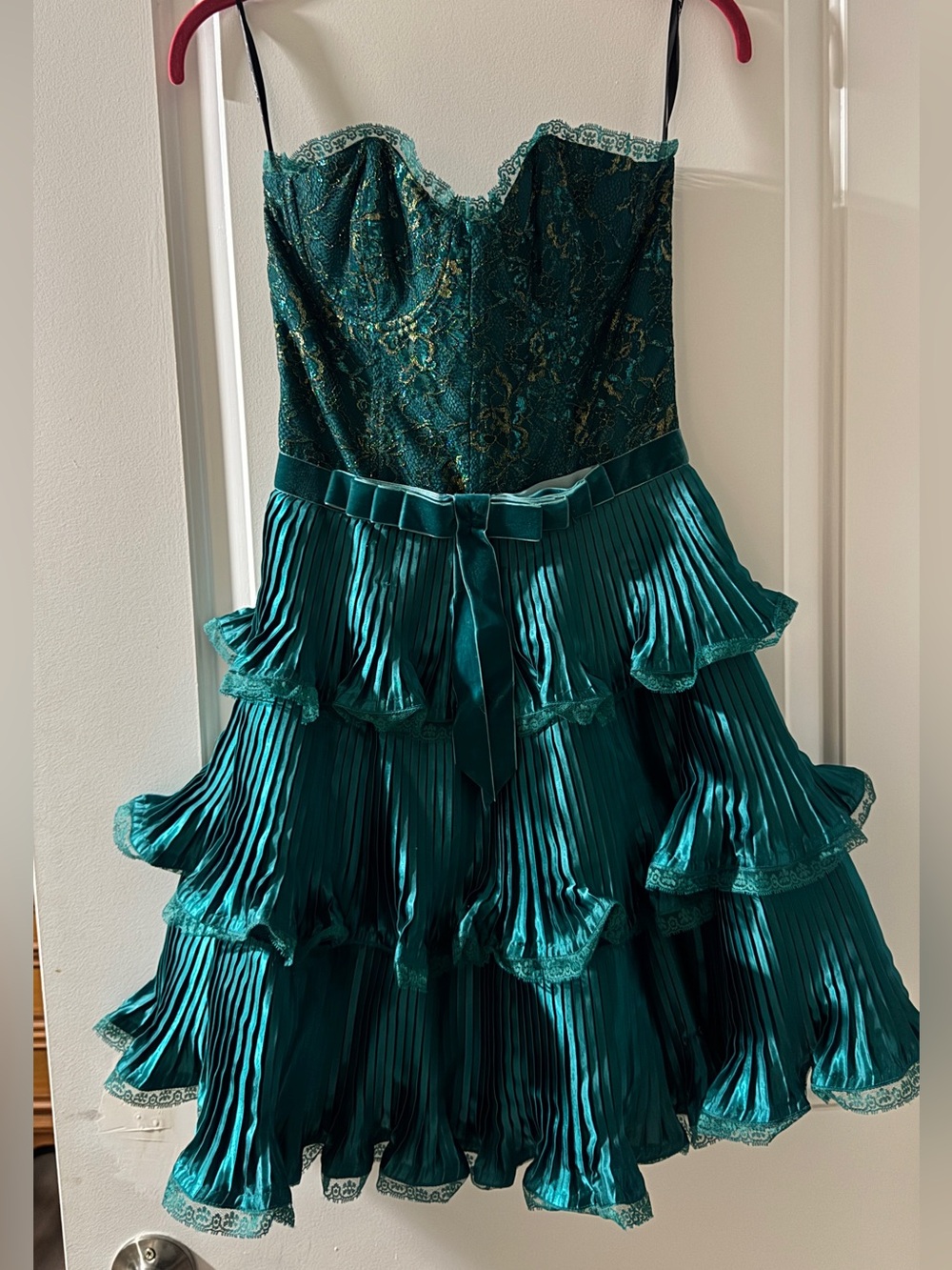 Betsey Johnson Teal Satin Evening Gown with Lace Edge